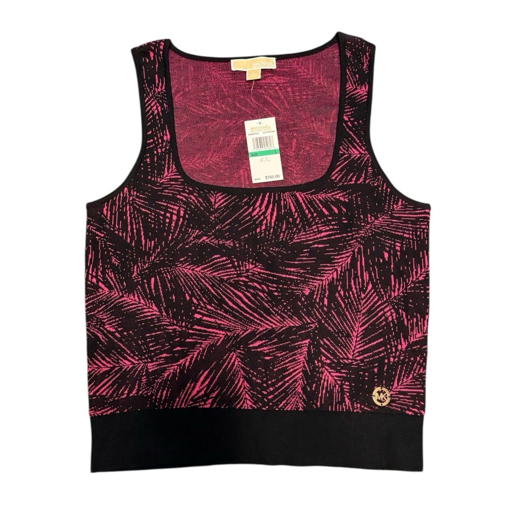 MICHAEL KORS Sleeveless Knit  Square Neck Palm Print Logo Top Fuchsia Black L